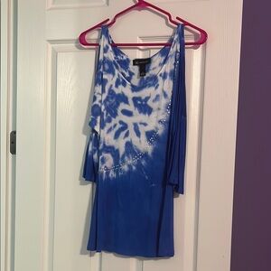 INC International Concepts Asymmetrical Blue and White Blouse